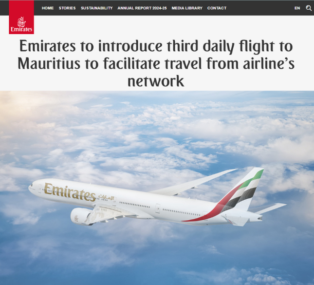 Emirates to Launch Third Daily Flight to Mauritius